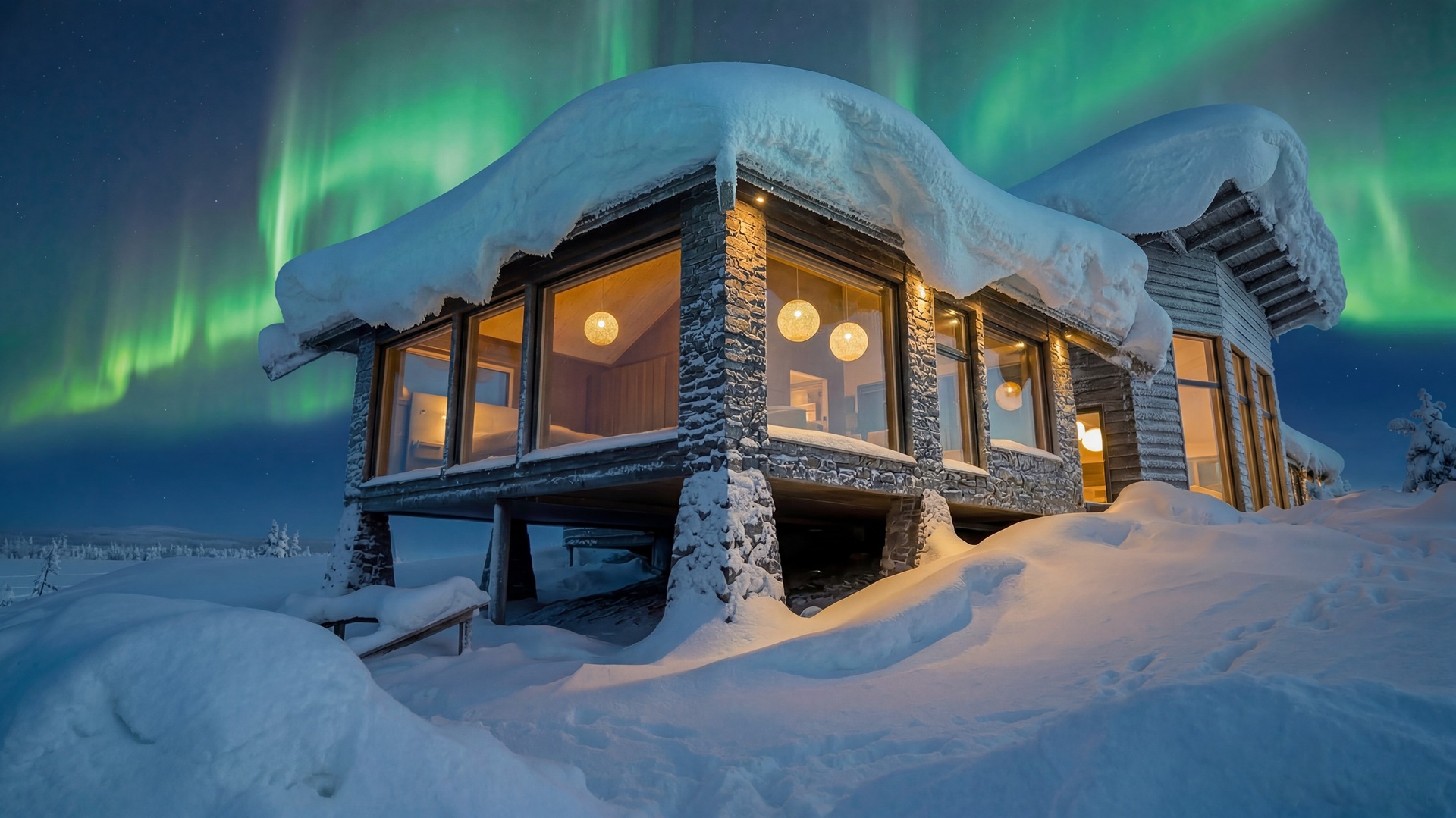Close-up shot of the Octola III, located in the Finnish Lapland, under the Northern lights