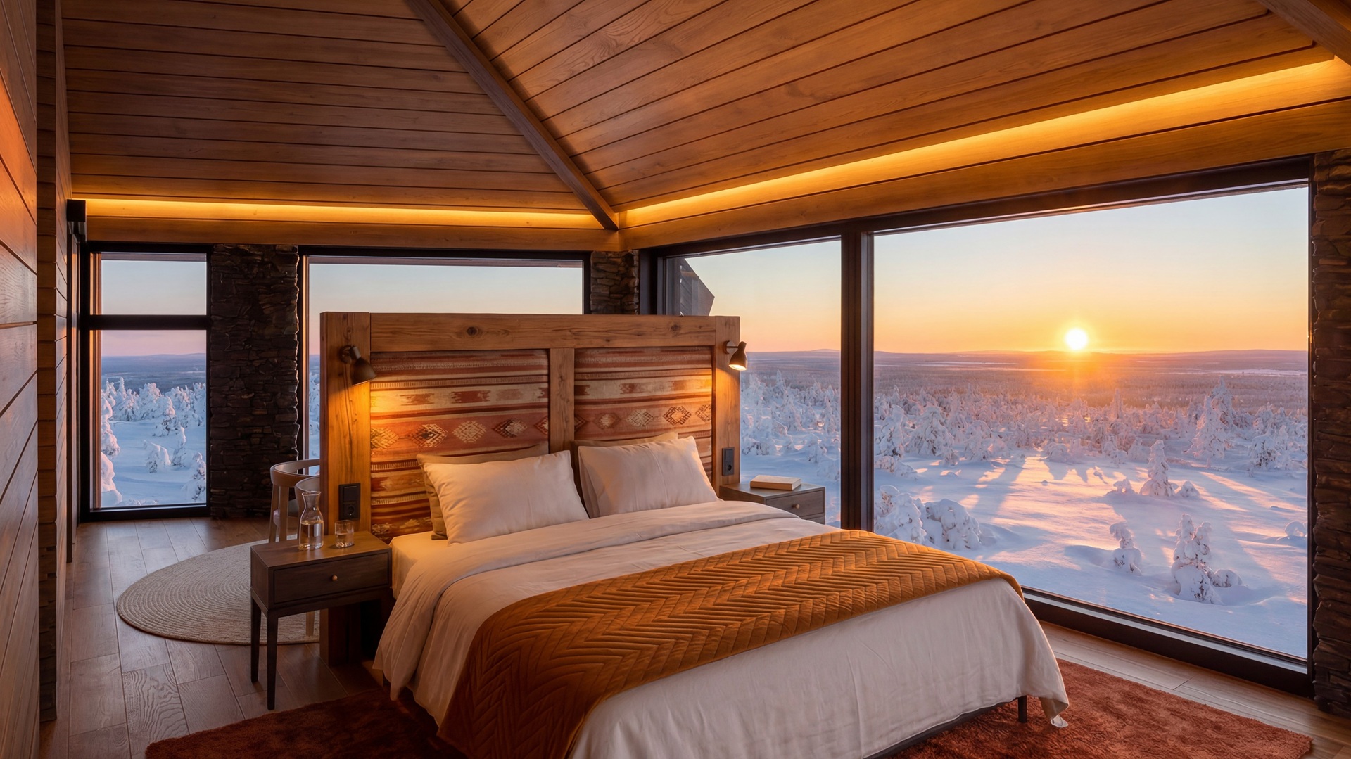 One of the bedrooms inside the Octola III lodge, with the sun rising