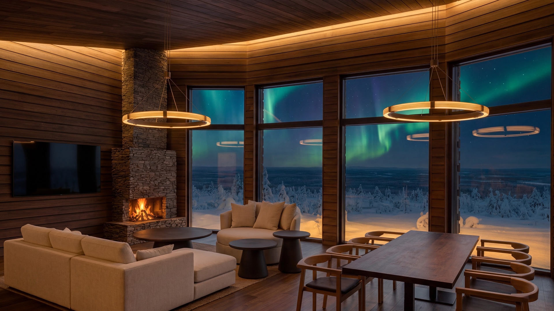 The living room inside Octola III, located in the Finnish Lapland, with the Northern Lights outside