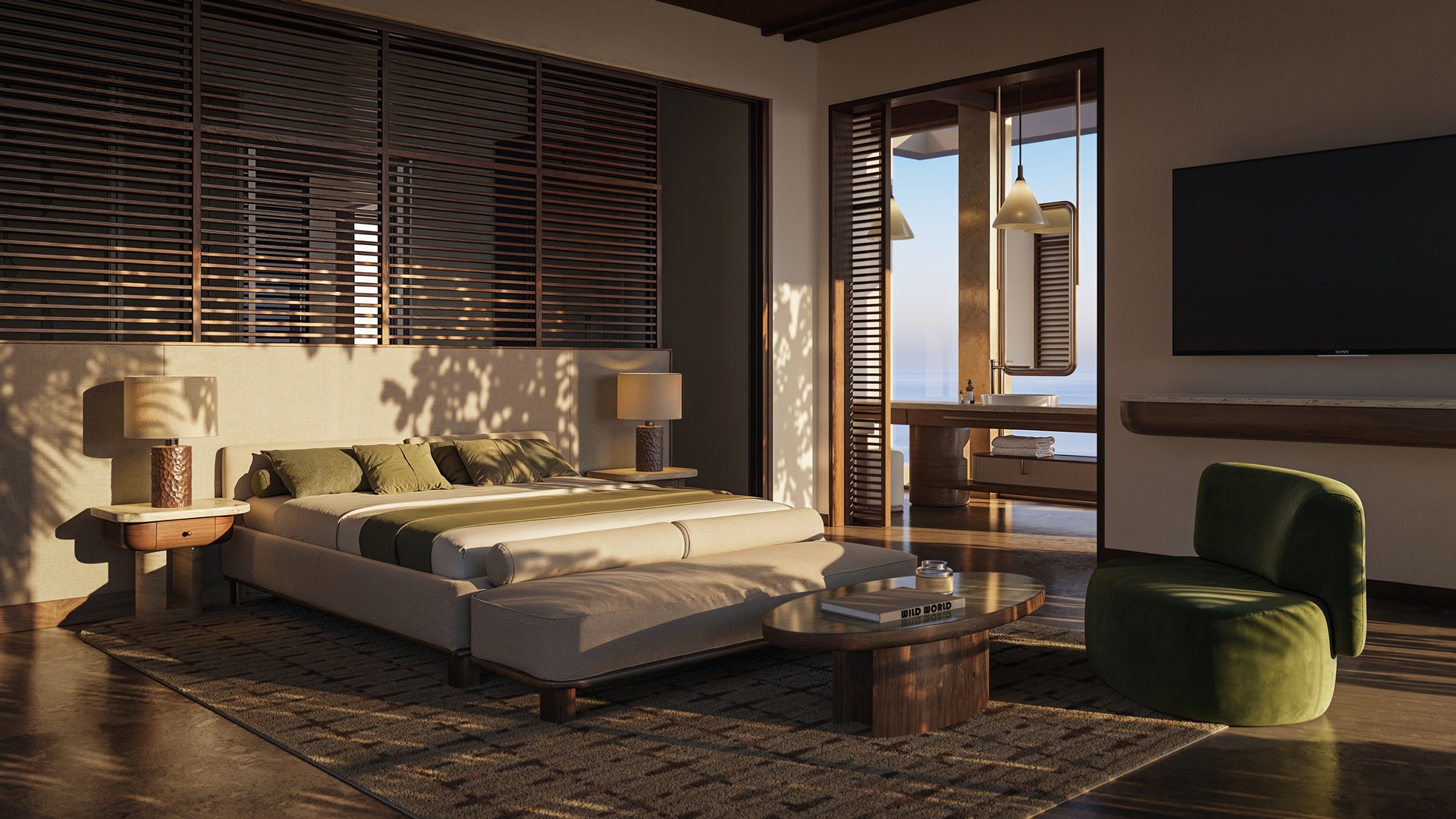 Detailed sketch of a unit, focusing on the bedroom, at the One&Only Private Homes Fiji