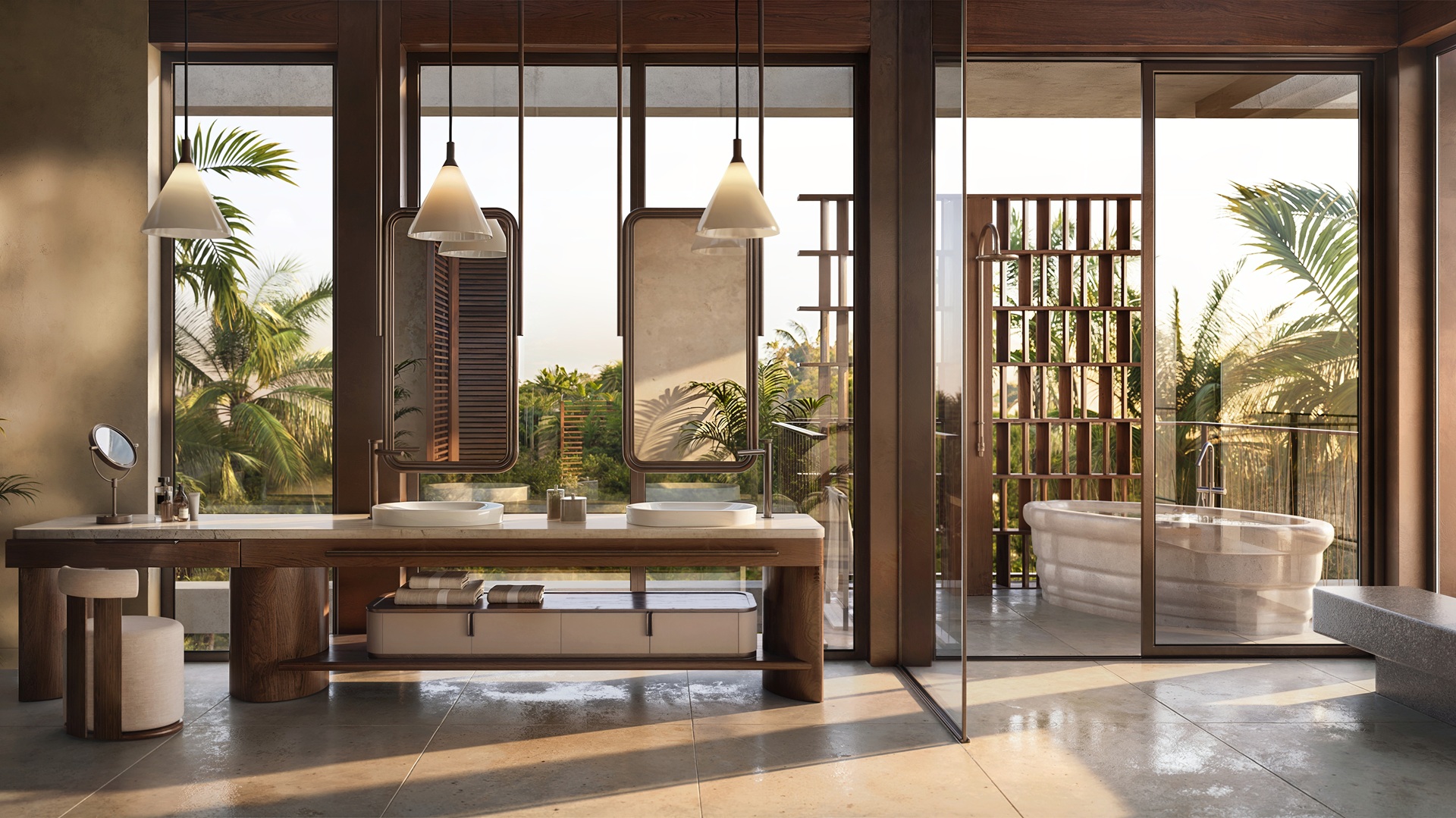 Detailed sketch of a unit, focusing on the bathroom, at the One&Only Private Homes Fiji