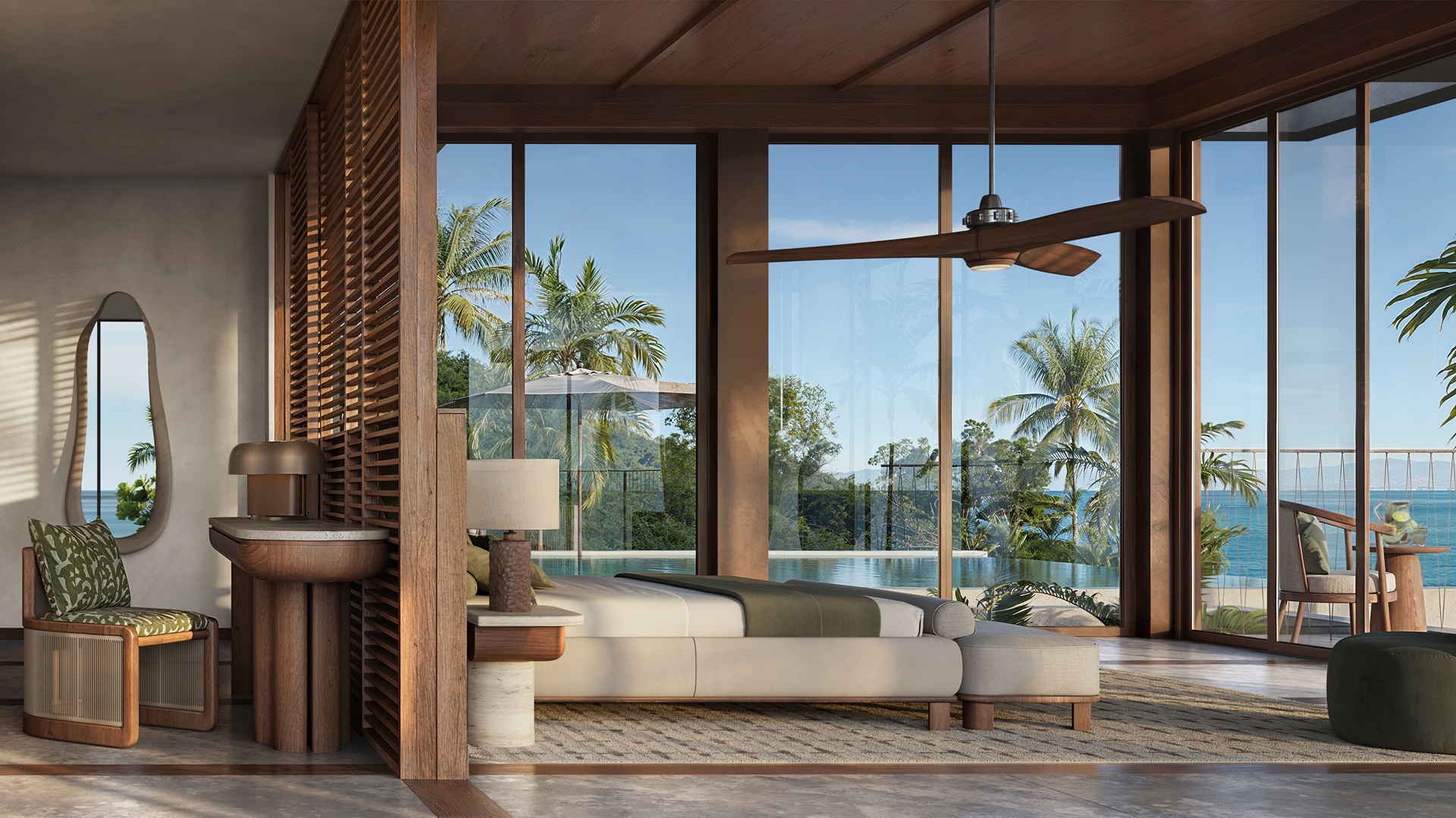 Detailed sketch of a unit, focusing on the bedroom, at the One&Only Private Homes Fiji