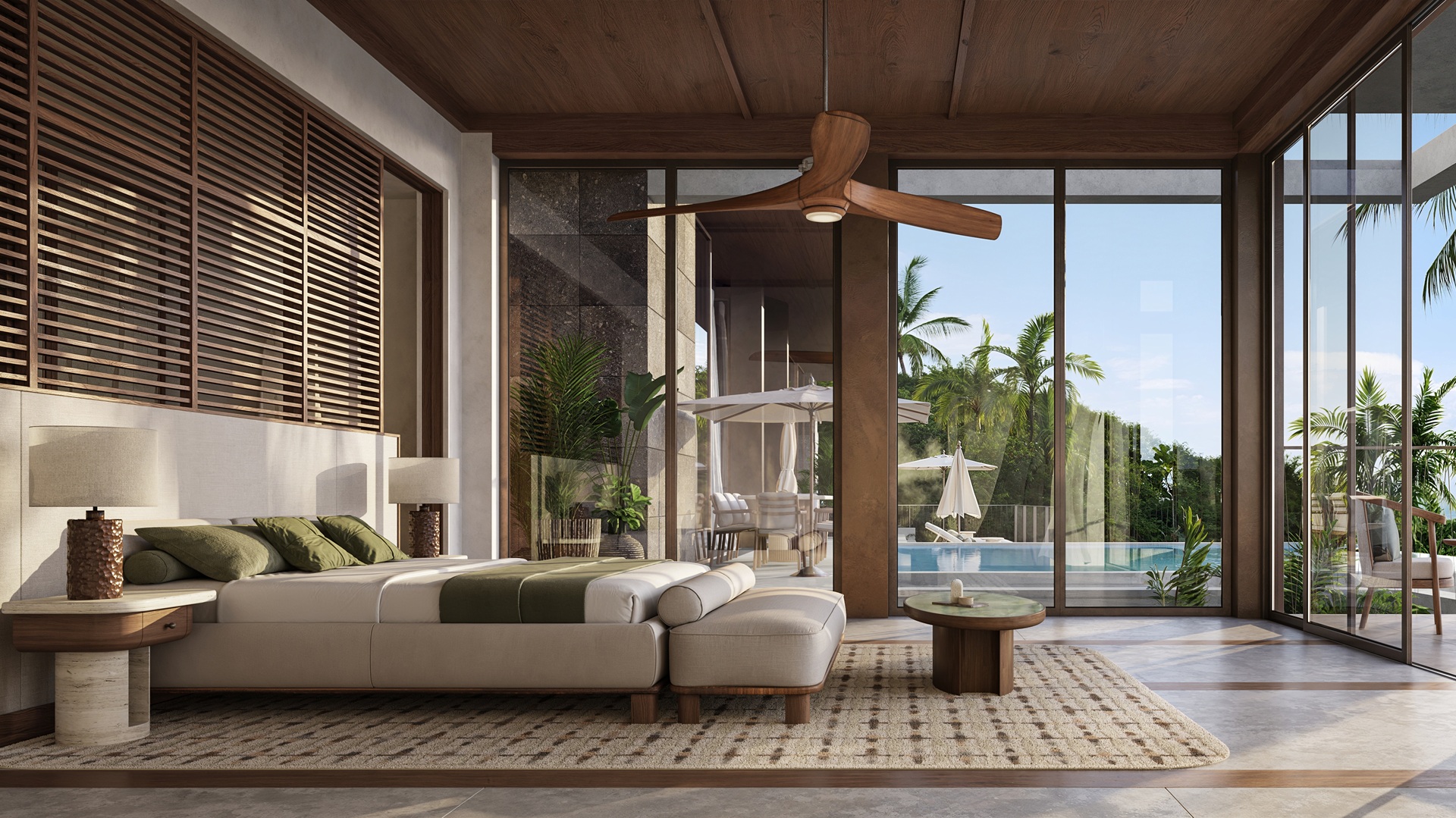 Detailed sketch of a unit, focusing on the bedroom, at the One&Only Private Homes Fiji