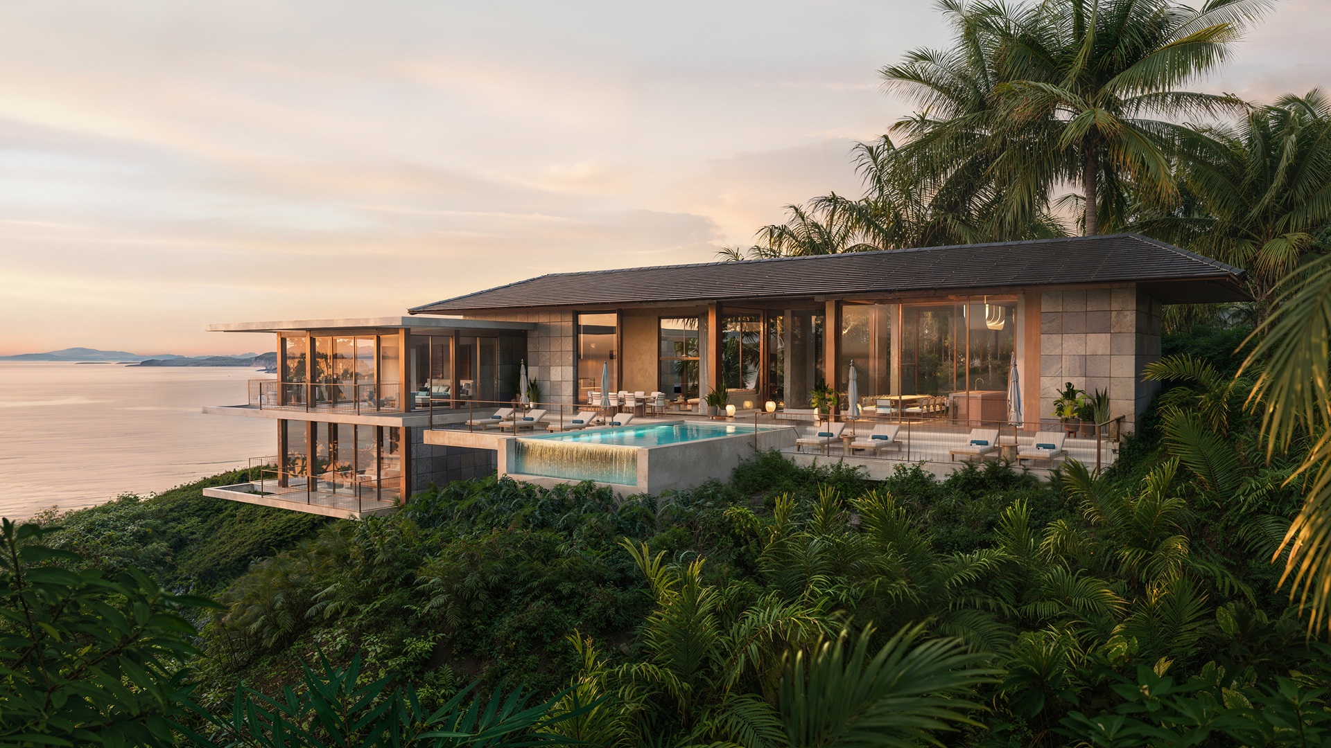 Detailed wide shot sketch of a private home at One&Only Private Homes Fiji