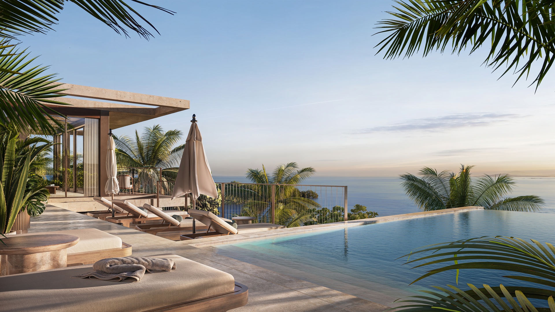 Detailed sketch of a unit, with the swimming pool overlooking the sea, at the One&Only Private Homes Fiji