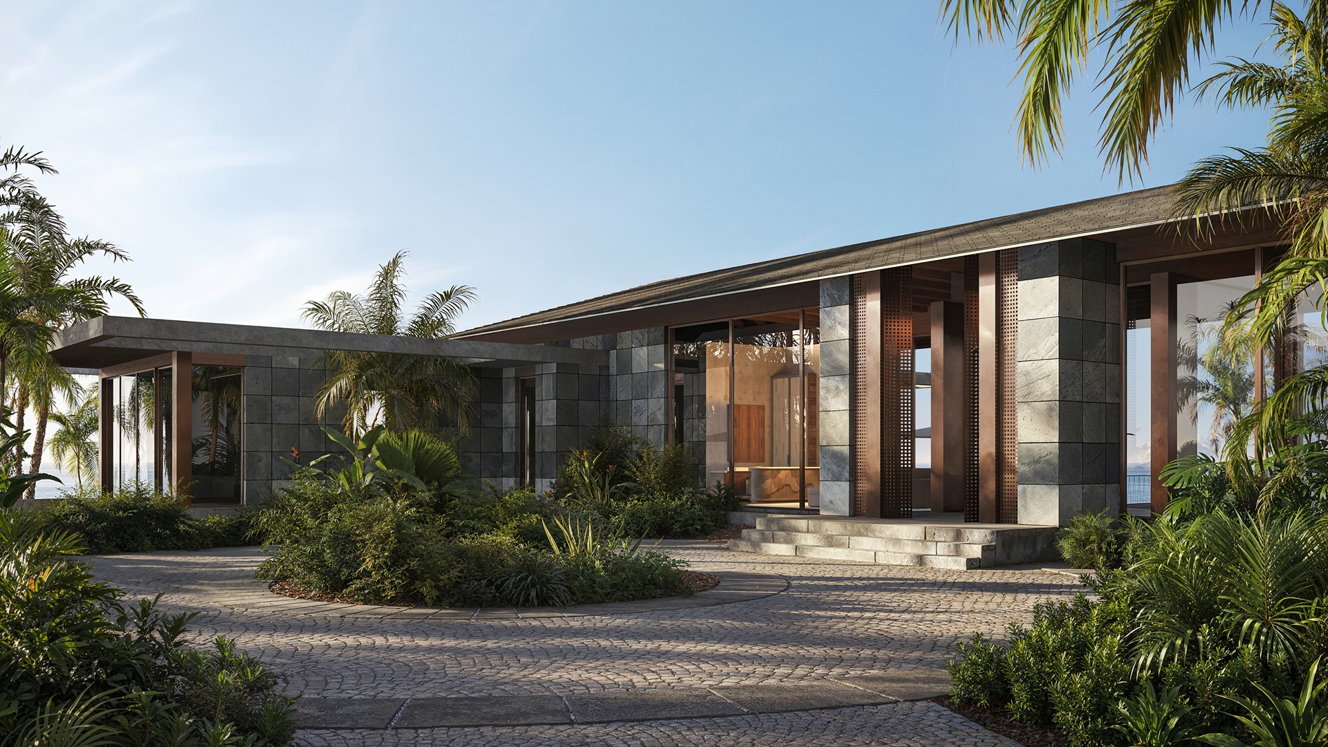Detailed sketch of a unit, focusing the entry side, at the One&Only Private Homes Fiji