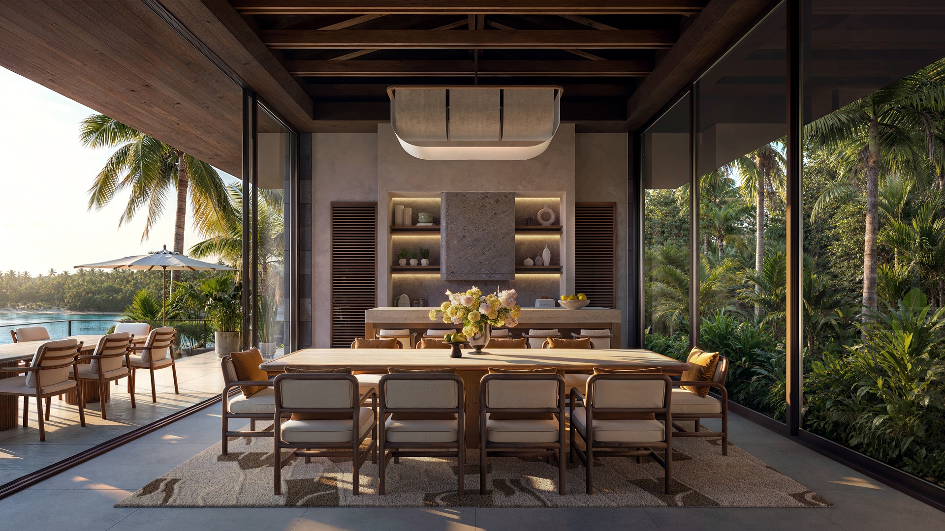 Detailed sketch of a unit, focusing on the dining area, at the One&Only Private Homes Fiji