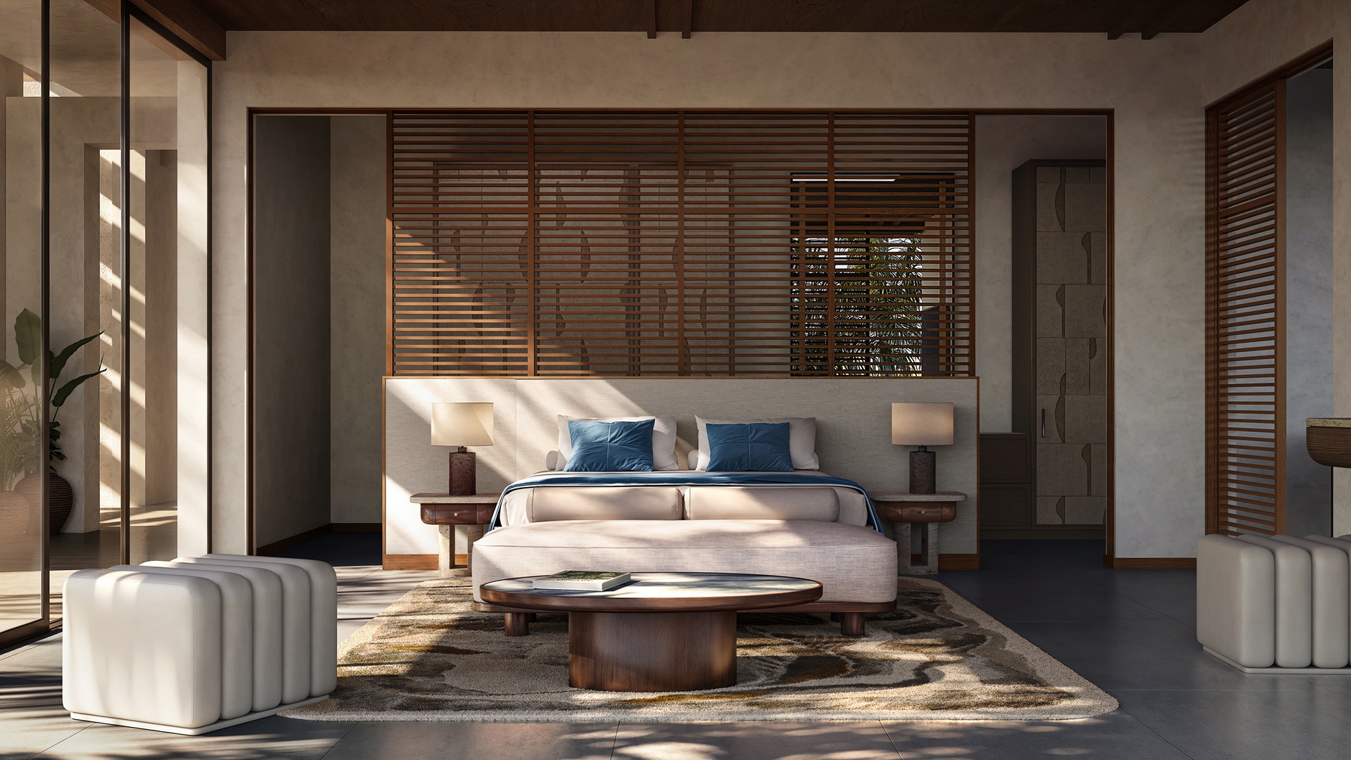 Detailed sketch of a unit, focusing on the bedroom, at the One&Only Private Homes Fiji