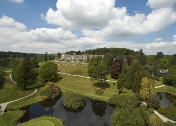 An exterior aerial wide shot of the Glenapp Castle, PoB Hotels