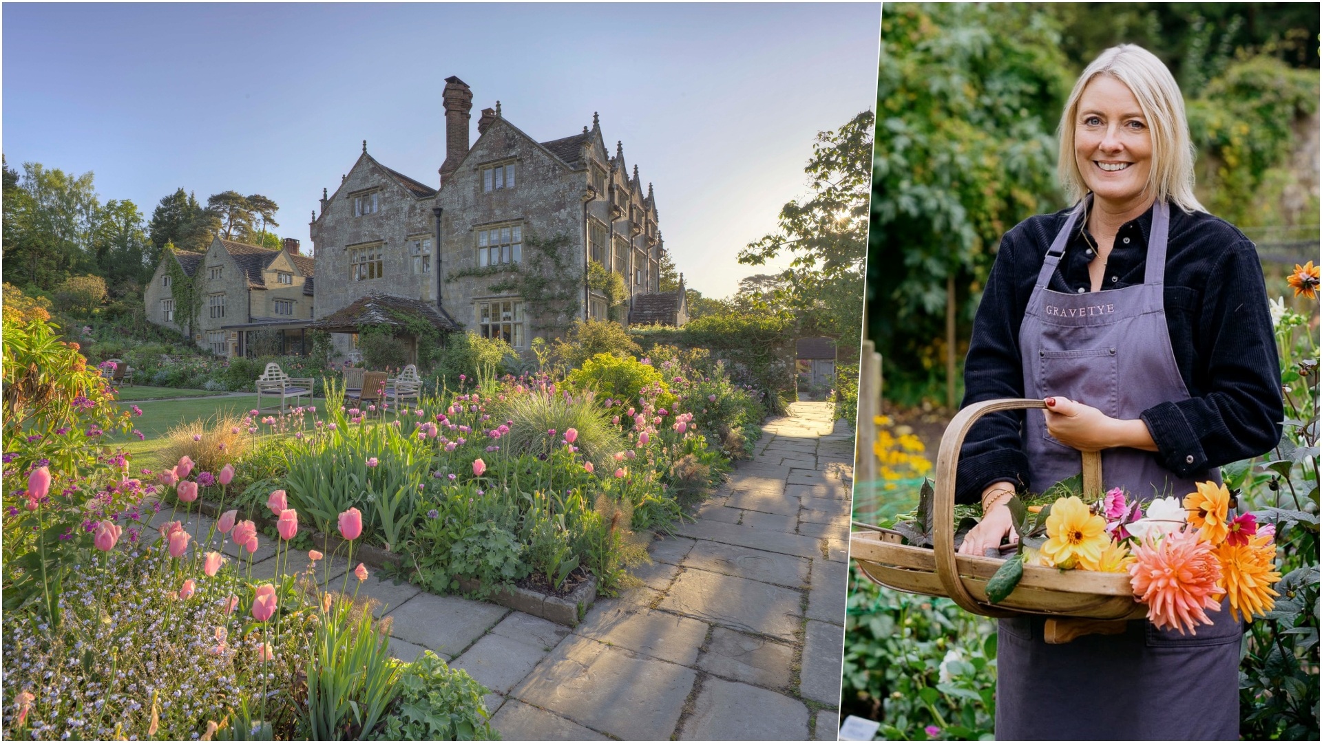 A collage of two images, featuring the exterior design of the Gravetye Manor and the flower workshops, PoB Hotels