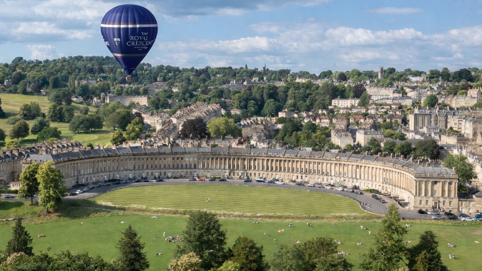 An exterior wide shot of the Royal Crescent Hotel, with a marketing balloon at the site, PoB Hotels