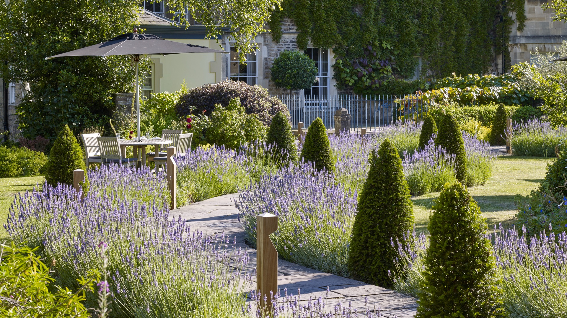 An image of the main garden at the Royal Crescent Hotel, PoB Hotels