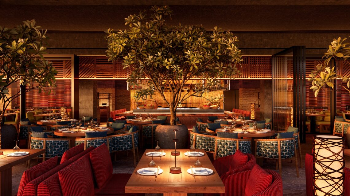 A digital sketch of the interior of ROKA Six Senses The Palm