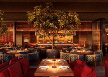 A digital sketch of the interior of ROKA Six Senses The Palm