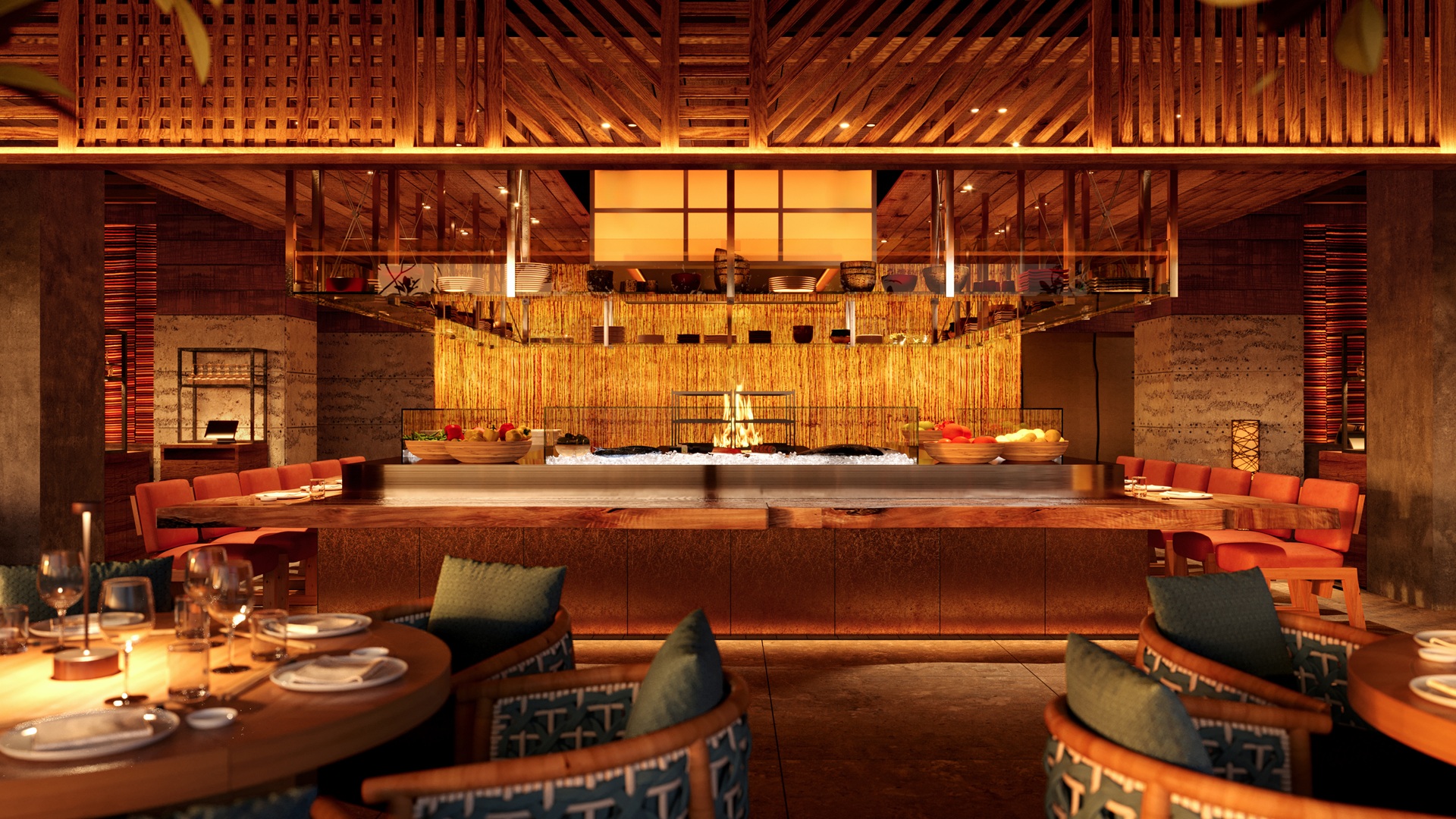 A digital sketch of the interior of ROKA Six Senses The Palm