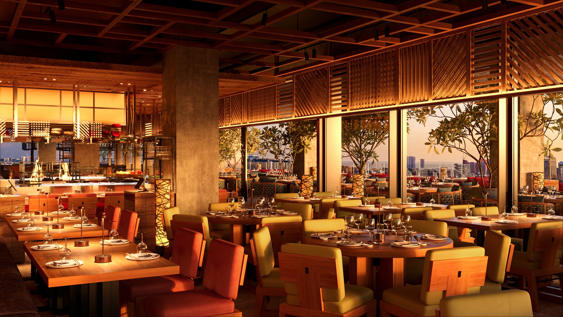 A digital sketch of the interior of ROKA Six Senses The Palm, with a possible view of the Dubai skyline.
