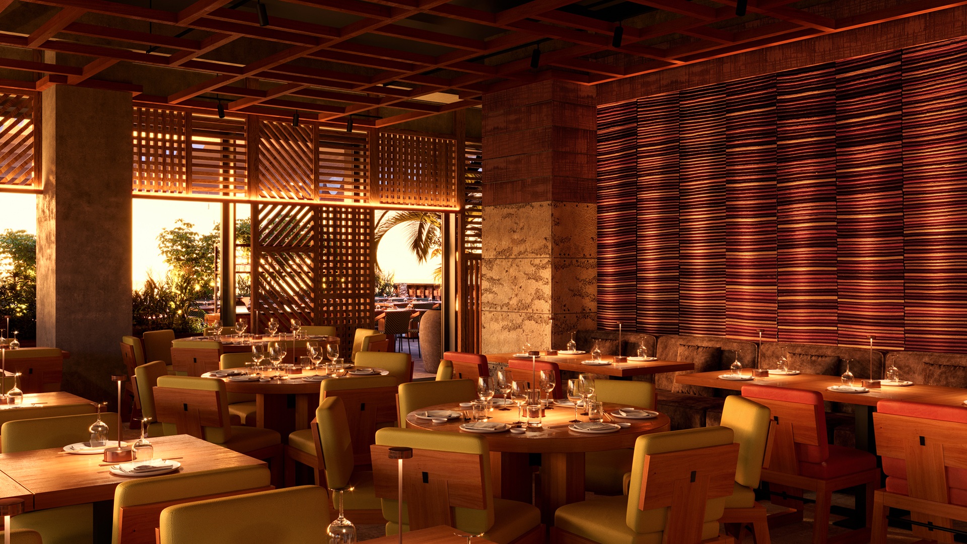 A digital sketch of the interior of ROKA Six Senses The Palm