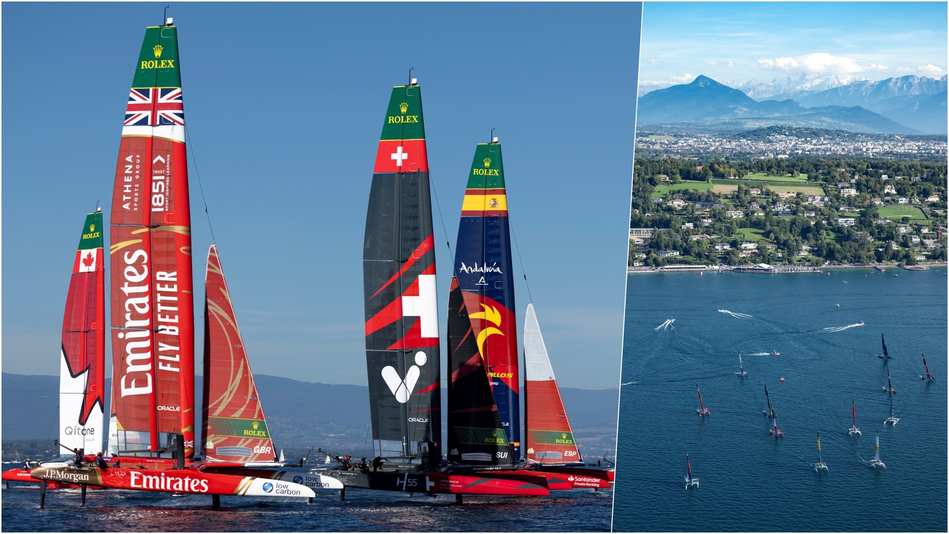 SailGP Geneva 2026 - A collage of two images with SailGP entrants afloat, and a wide shot of the SailGP race on the right
