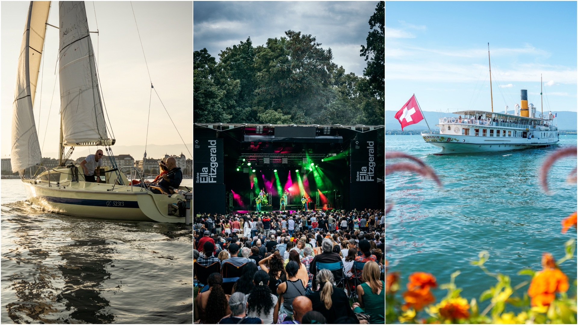 SailGP Geneva 2026 - A collage of three images, with Genf, Feierabend Segeltoern on the left, Musique en été in the centre, and Croisière CGN - CGN Cruise on the right