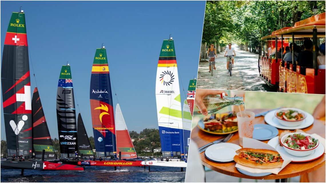 SailGP Geneva 2026 - A collage of three images, with SailGP entrants on the left, Parc des Bastions on top right and Restaurant Bois de la Bâtie in the bottom right.