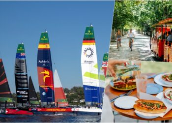 SailGP Geneva 2026 - A collage of three images, with SailGP entrants on the left, Parc des Bastions on top right and Restaurant Bois de la Bâtie in the bottom right.