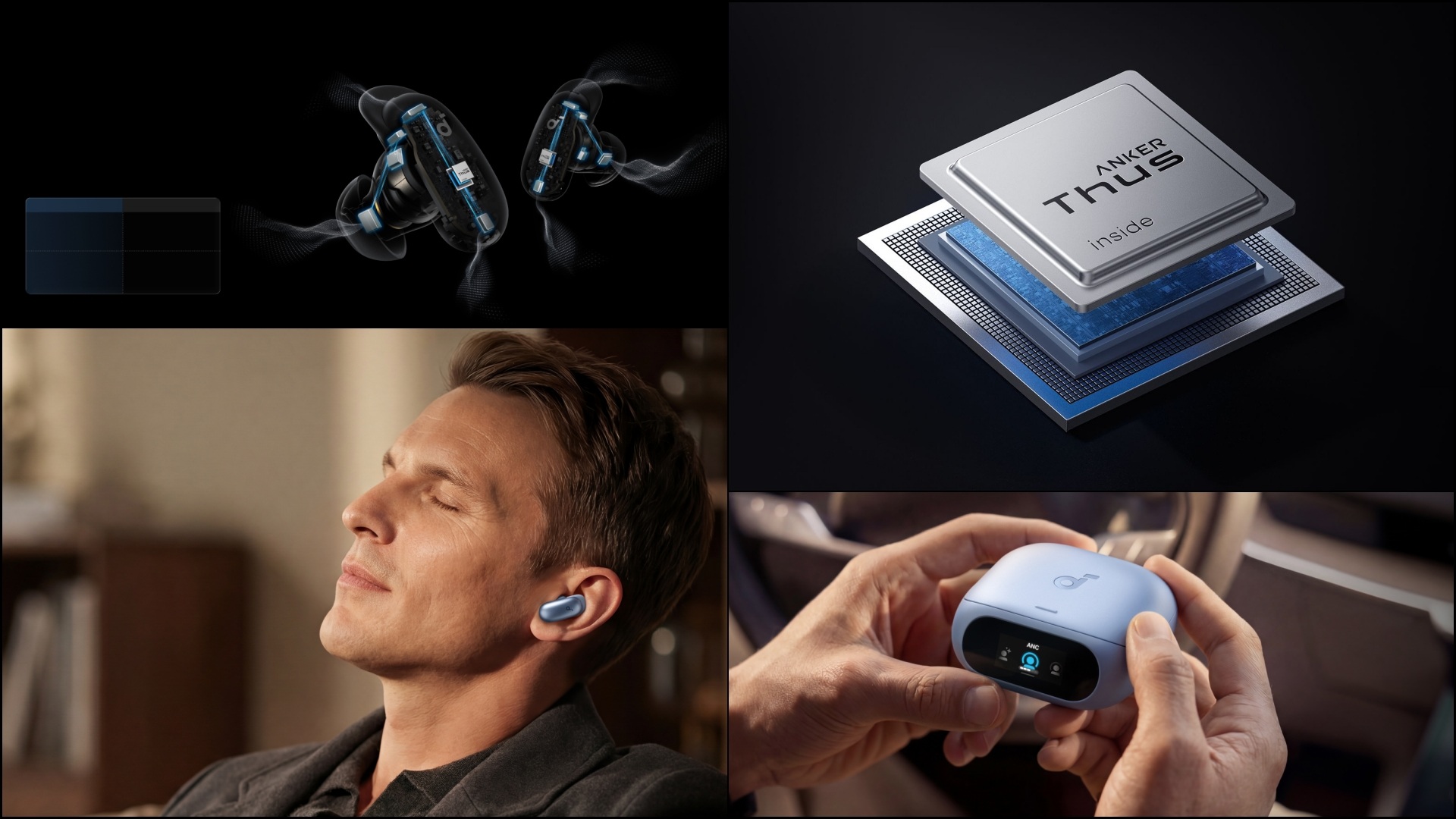 A collage of four images; one with the AI Chip, another with the sound pattern shown, third of the earbuds being used, and fourth with the blue variant's case.