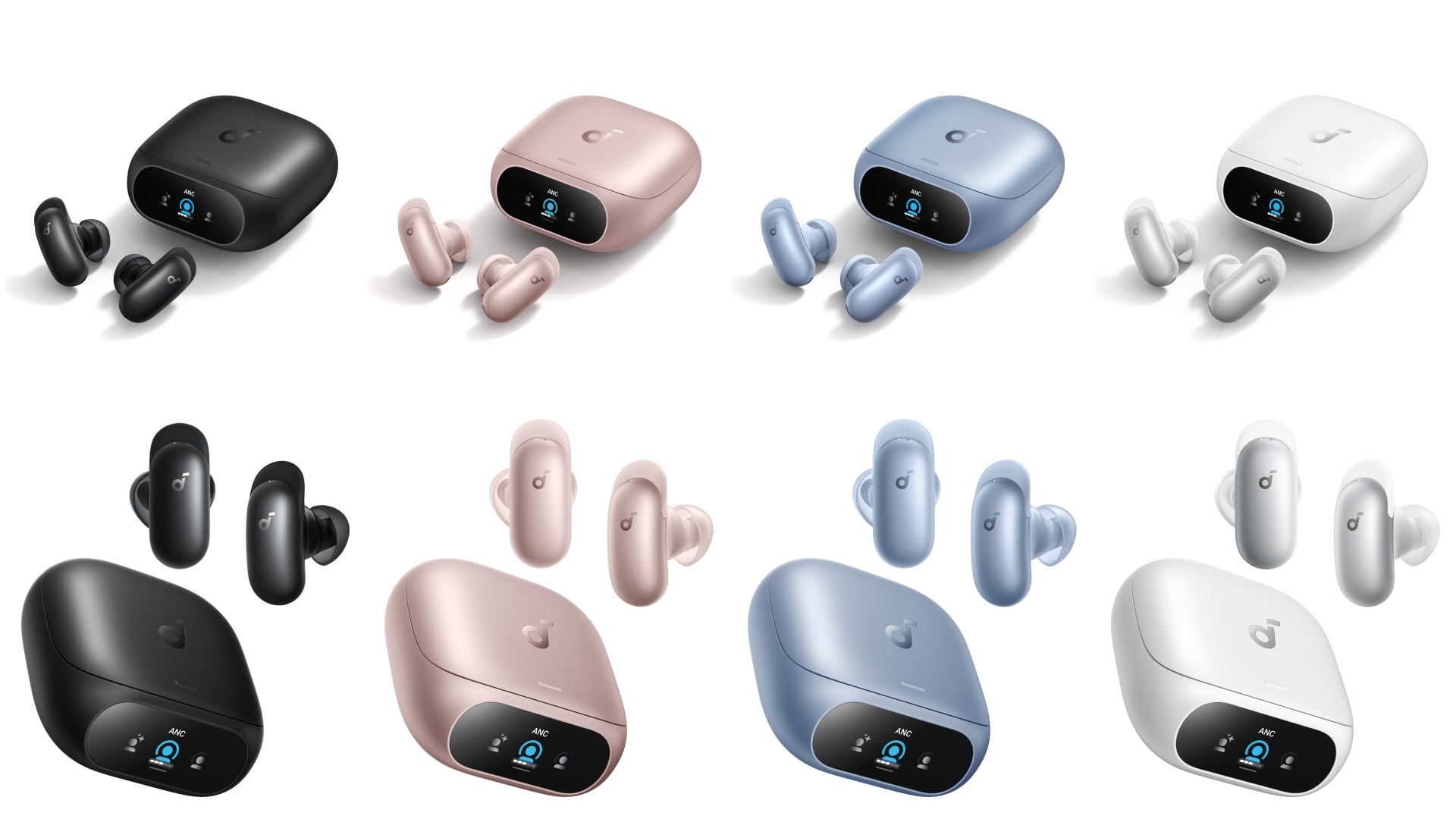 A collage of eight images, showcasing the four colour options available for the Soundcore Liberty 5 Pro - Black, Pink, Blue, and White.