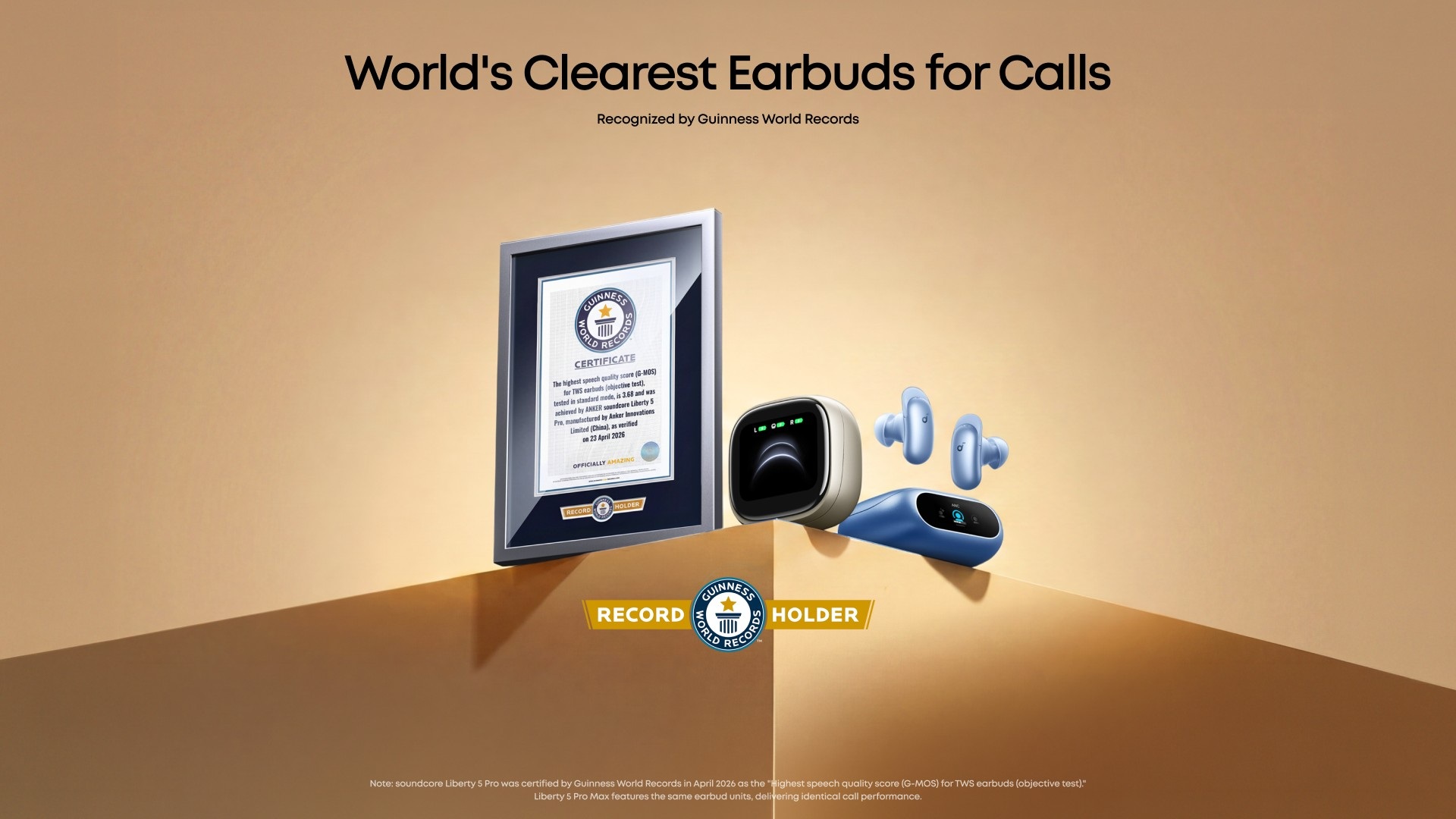 The Guinness World Record certificate kept alongside both models of the Soundcore Liberty 5 Pro series.
