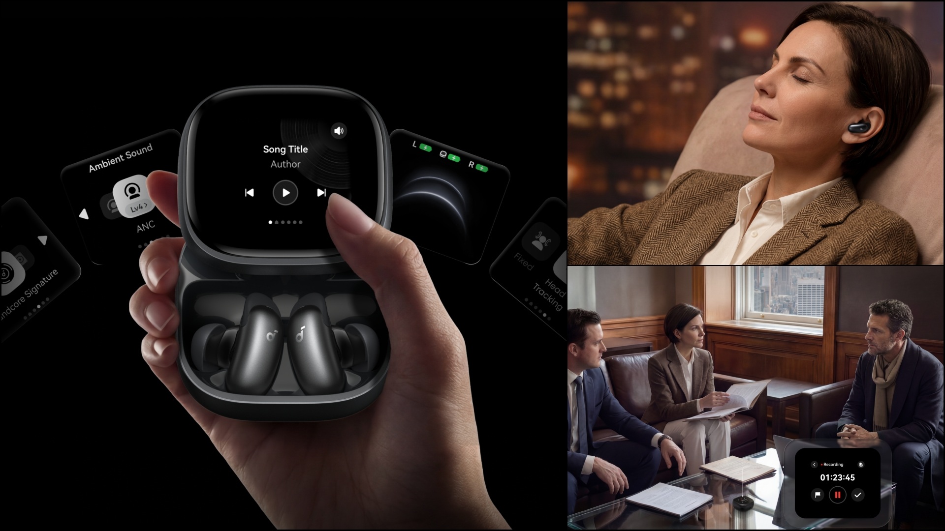 A collage of three images for the Soundcore Liberty 5 Pro Max, showcasing several features