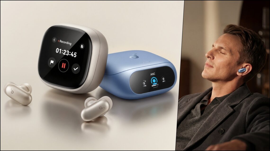 A collage of two images, with the Soundcore Liberty 5 Pro (Blue) and Pro Max (Gold) models on the left, and a lifestyle image of one being used on the right