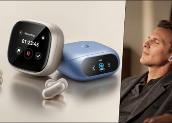 A collage of two images, with the Soundcore Liberty 5 Pro (Blue) and Pro Max (Gold) models on the left, and a lifestyle image of one being used on the right