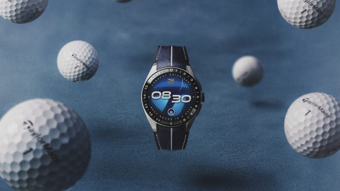 The TAG Heuer TaylorMade Watch, also known as TAG Heuer Connected Calibre E5 45 mm x TaylorMade Edition, placed at the centre with golf balls around it