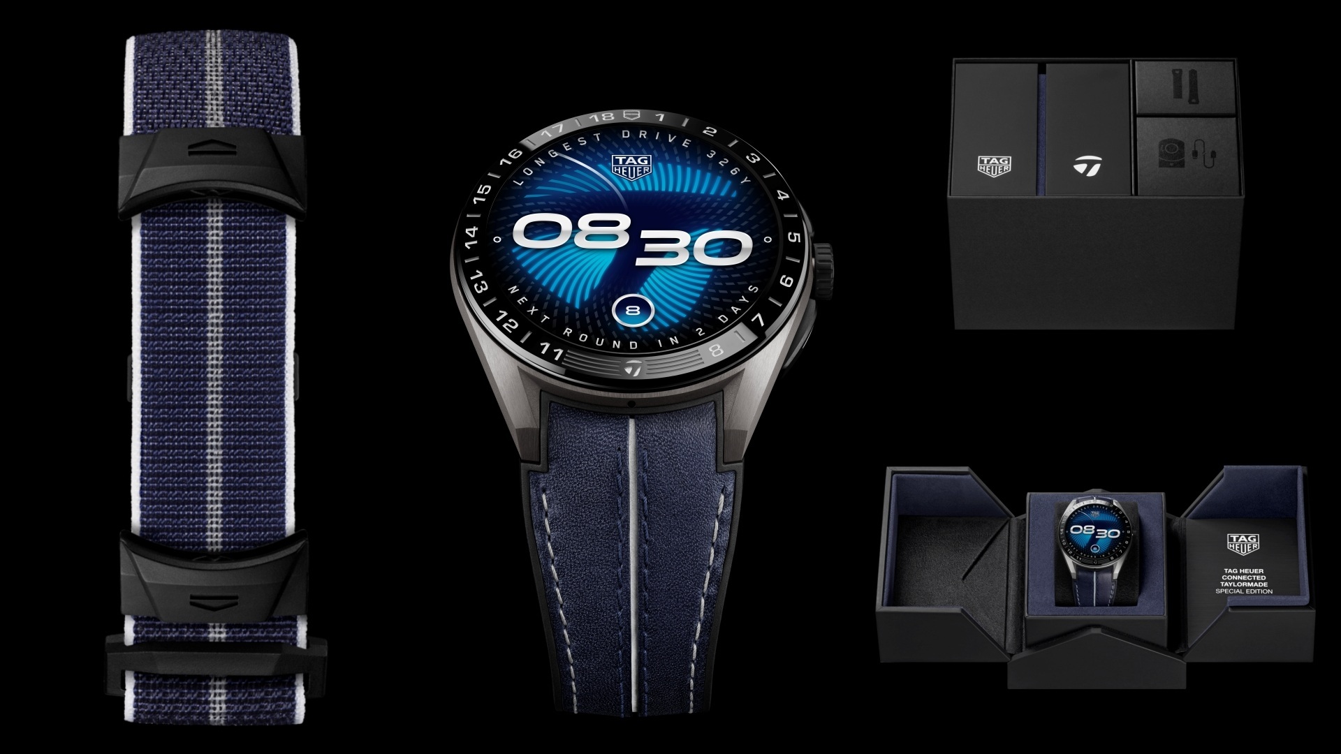 A collage of four images for the TAG Heuer TaylorMade Watch, also known as the TAG Heuer Connected Calibre E5 45 mm x TaylorMade Edition, featuring the strap, the front of the dial with the strap, the closed box it comes in, and the open box it comes in