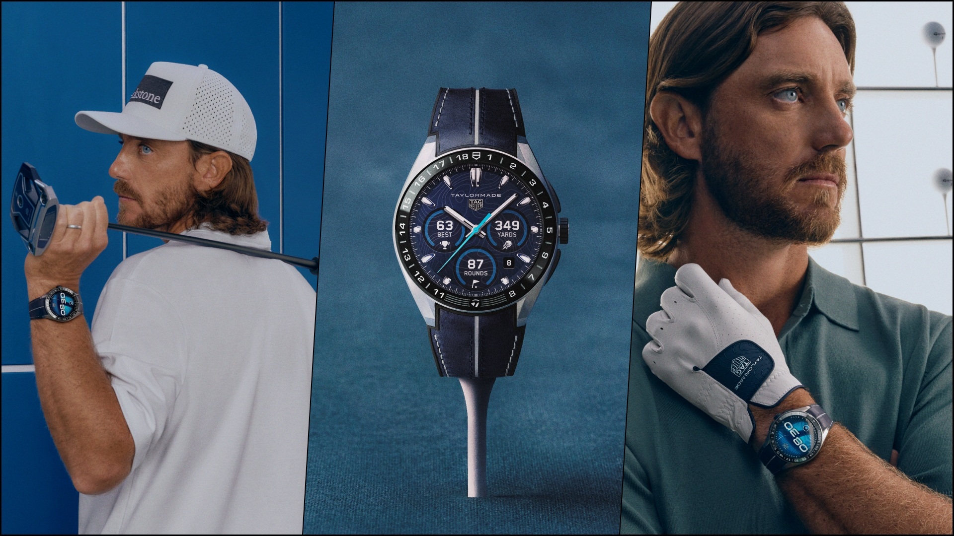 A collage of three images with a golfer sporting the TAG Heuer TaylorMade Watch, also known as the TAG Heuer Connected Calibre E5 45 mm x TaylorMade Edition, and in the watch kept on a gold ball tee in the middle image