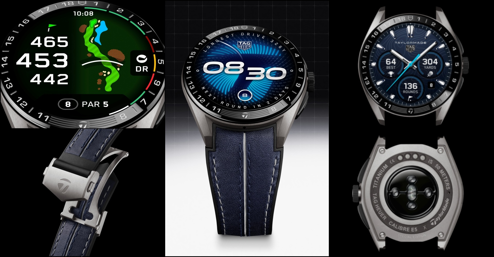 A collage of fives images of the TAG Heuer TaylorMade Watch, also known as the TAG Heuer Connected Calibre E5 45 mm x TaylorMade Edition. Images include the front dial, the back of the casing, a close-up of the golfing modes, the strap buckle, and the watch with the strap from the front.