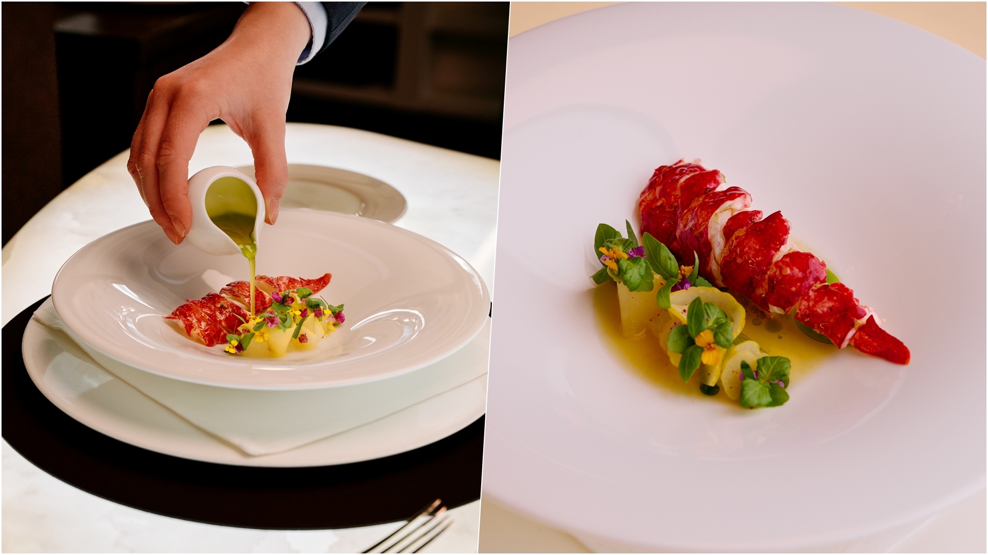 A collage of two images, focused on the intricate fine dining presentation at The Dolder Grand Zurich