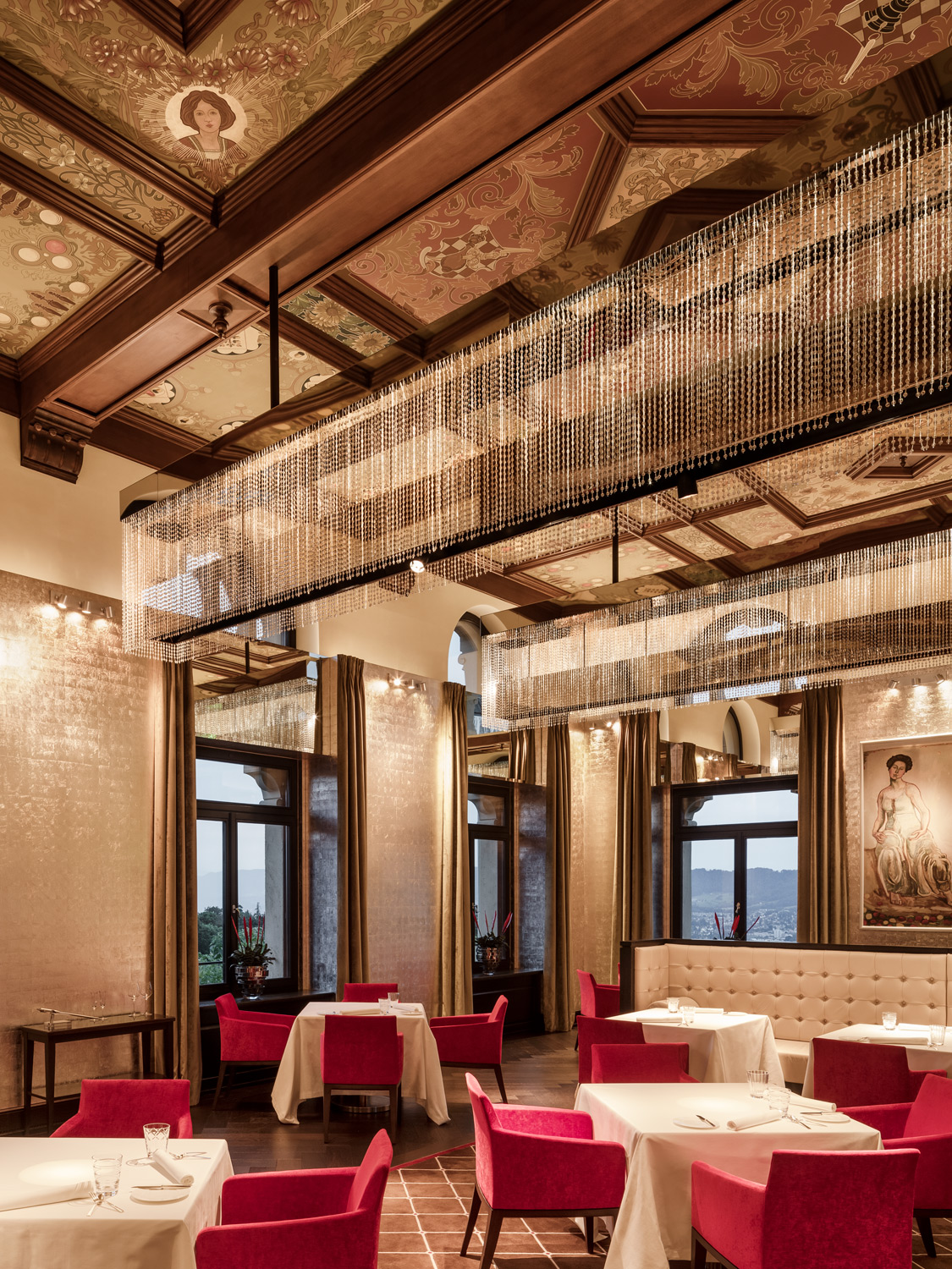 A vertical wide-shot of the restaurant inside The Dolder Grand Zurich