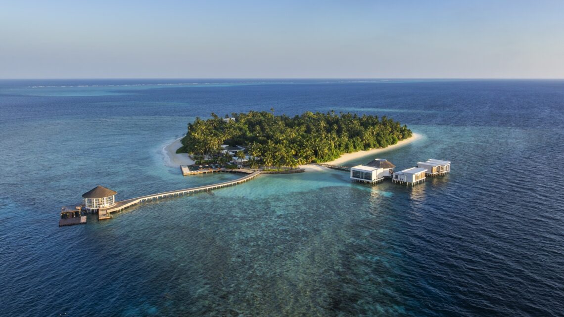 An aerial shot of the main island of The Halcyon Private Isles Maldives