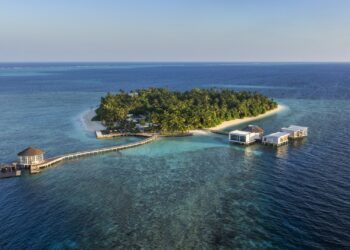 An aerial shot of the main island of The Halcyon Private Isles Maldives