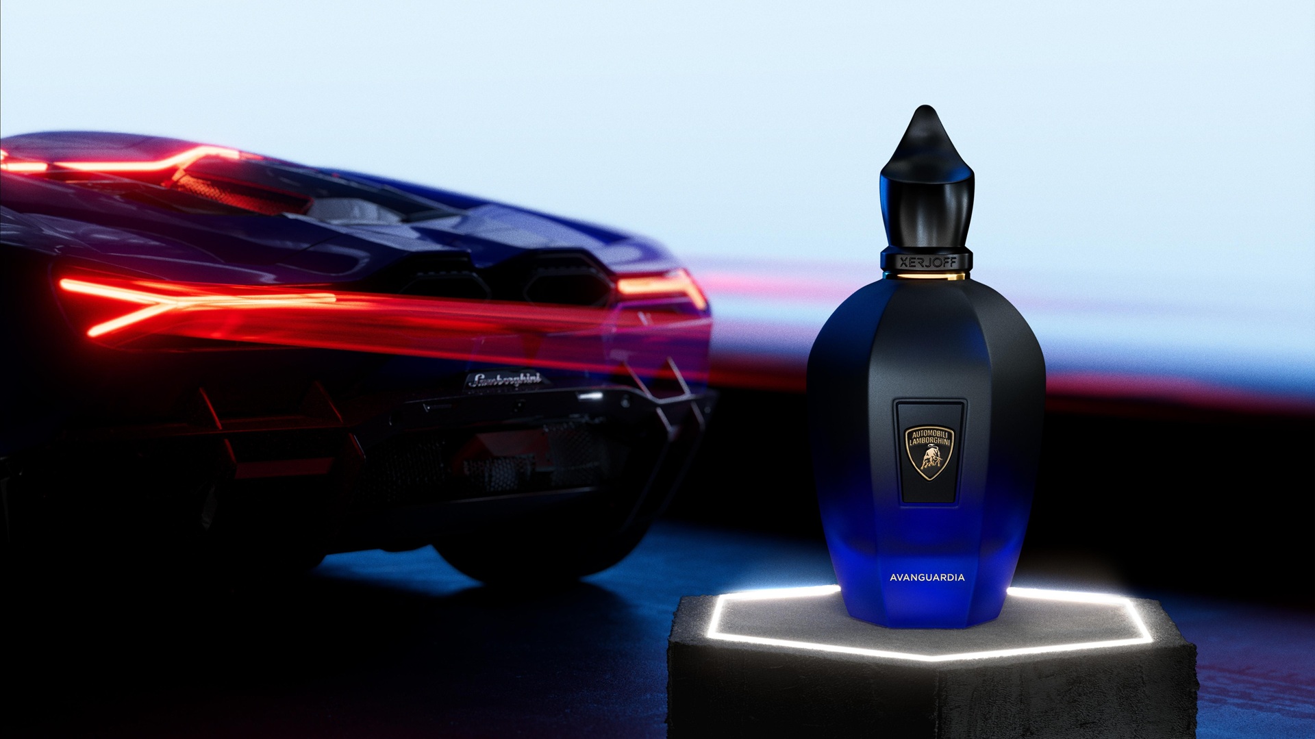 Avanguardia scent bottle, part of the Xerjoff Automobili Lamborghini Fragrance Collection, with a Lamborghini in the background,
