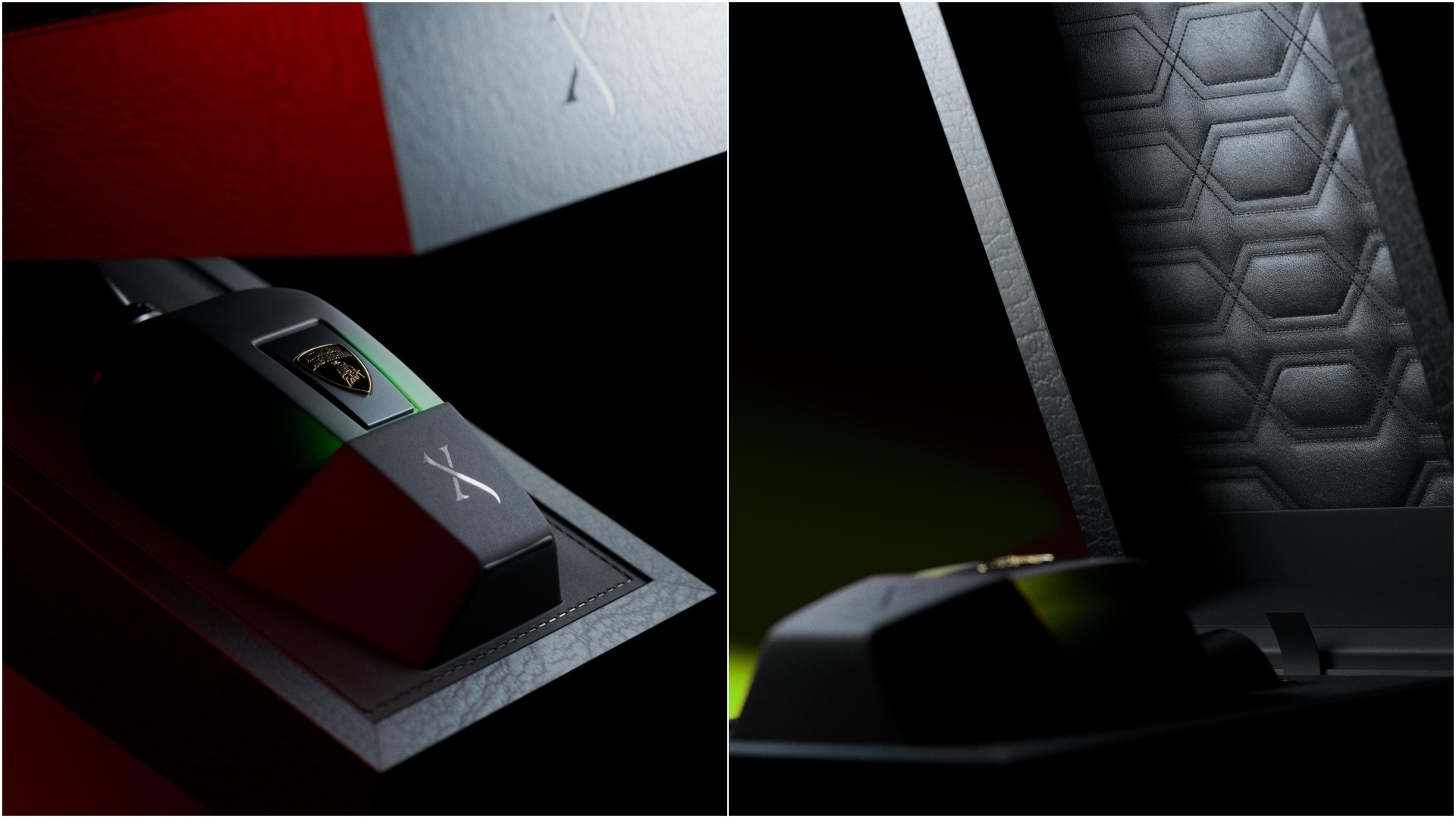 A collage of two images, both showcasing the box a scent from the Xerjoff Automobili Lamborghini Fragrance Collection comes in.