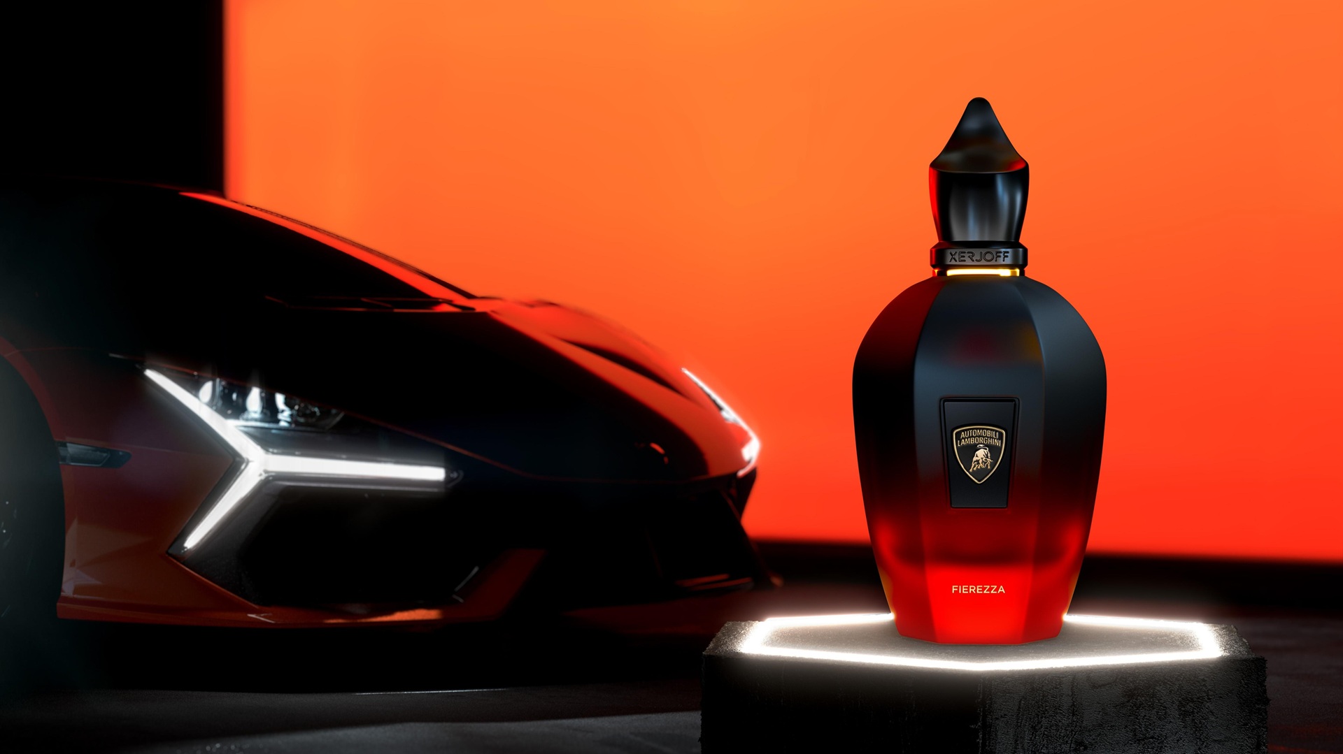 Fierezza scent bottle, part of the Xerjoff Automobili Lamborghini Fragrance Collection, with a Lamborghini in the background,