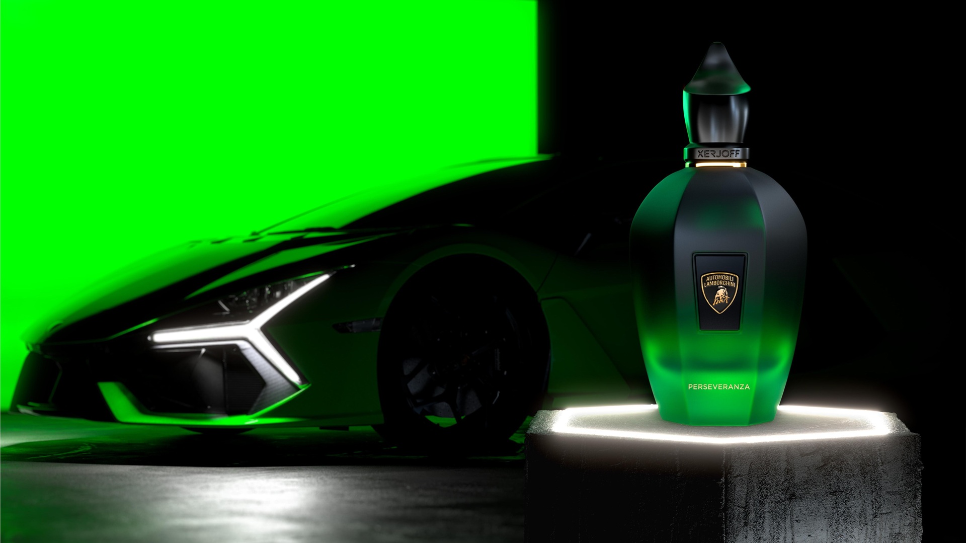 Perseveranza scent bottle, part of the Xerjoff Automobili Lamborghini Fragrance Collection, with a Lamborghini in the background,