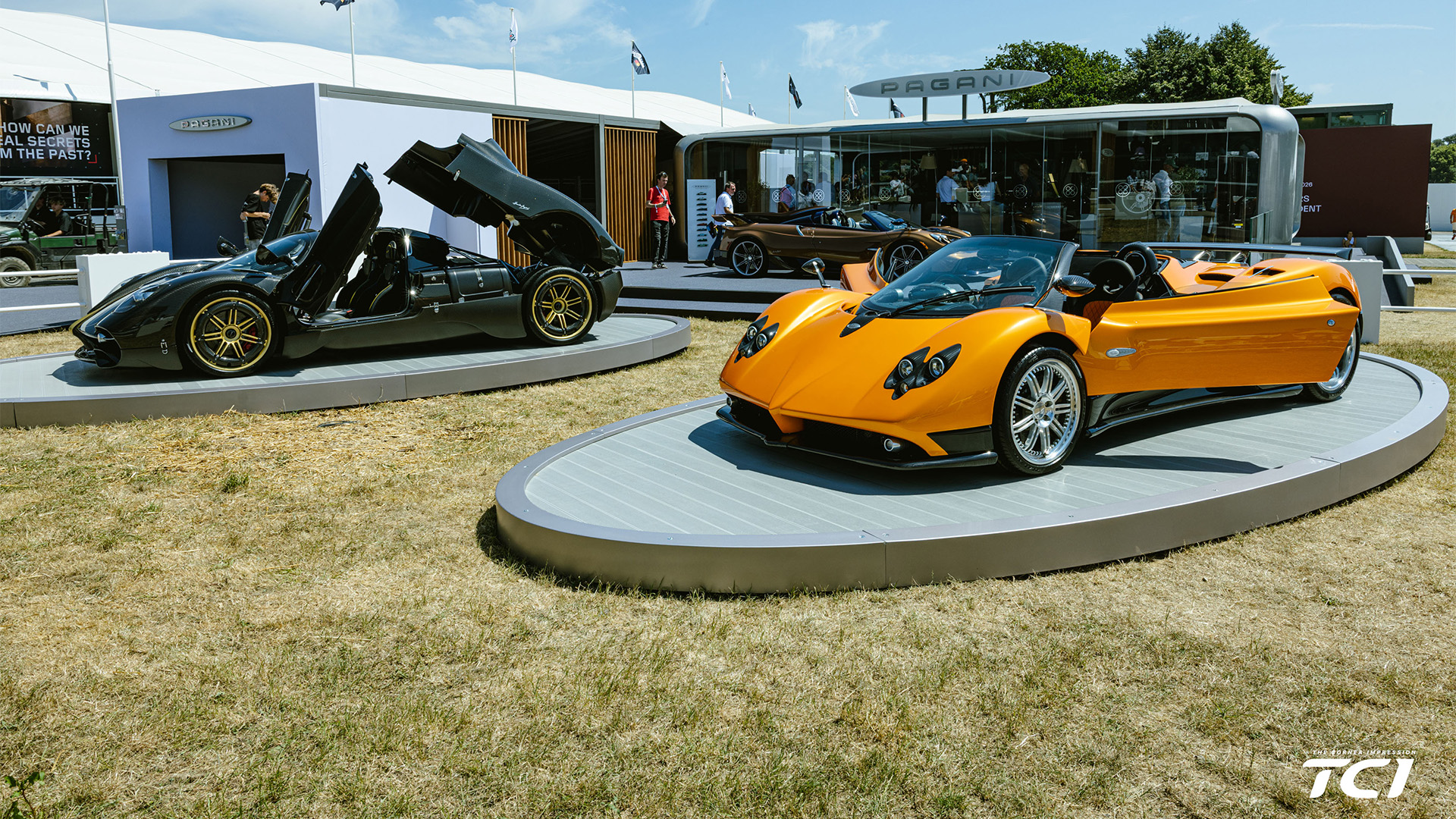 Pagani Zonda F Roadster and Pagani Utopia Roadster at the Pagani booth at the Goodwood Festival of Speed 2026