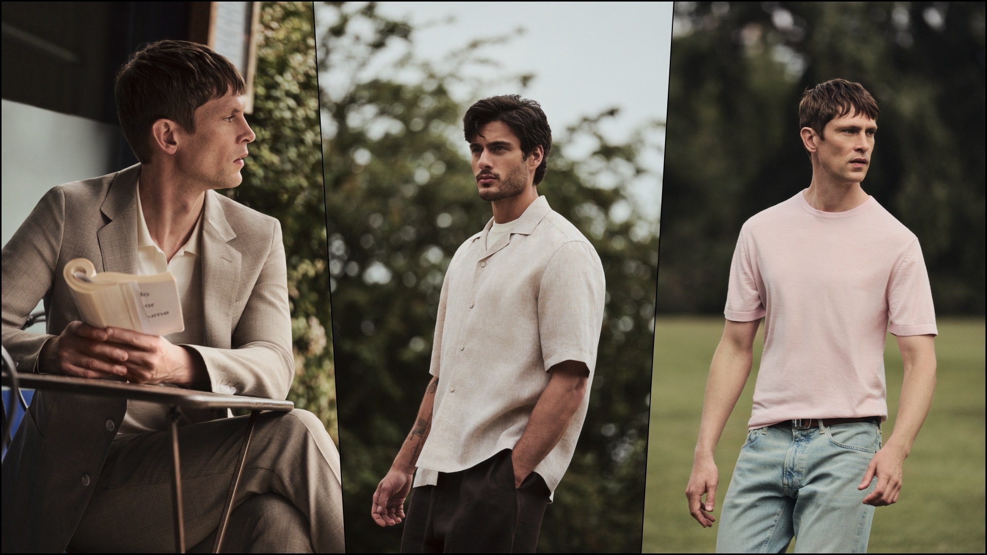 A collage of three images, with models wearing select pieces from the BOSS By Beckham Summer Capsule