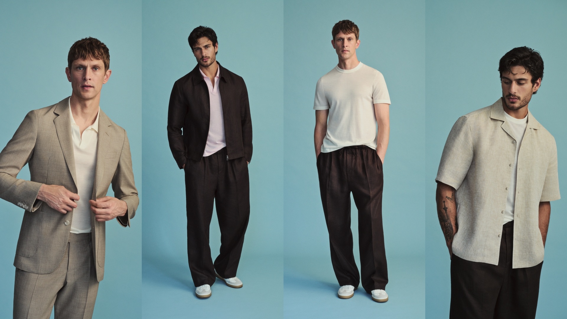 A collage of four images, with models wearing select pieces from the BOSS By Beckham Summer Capsule