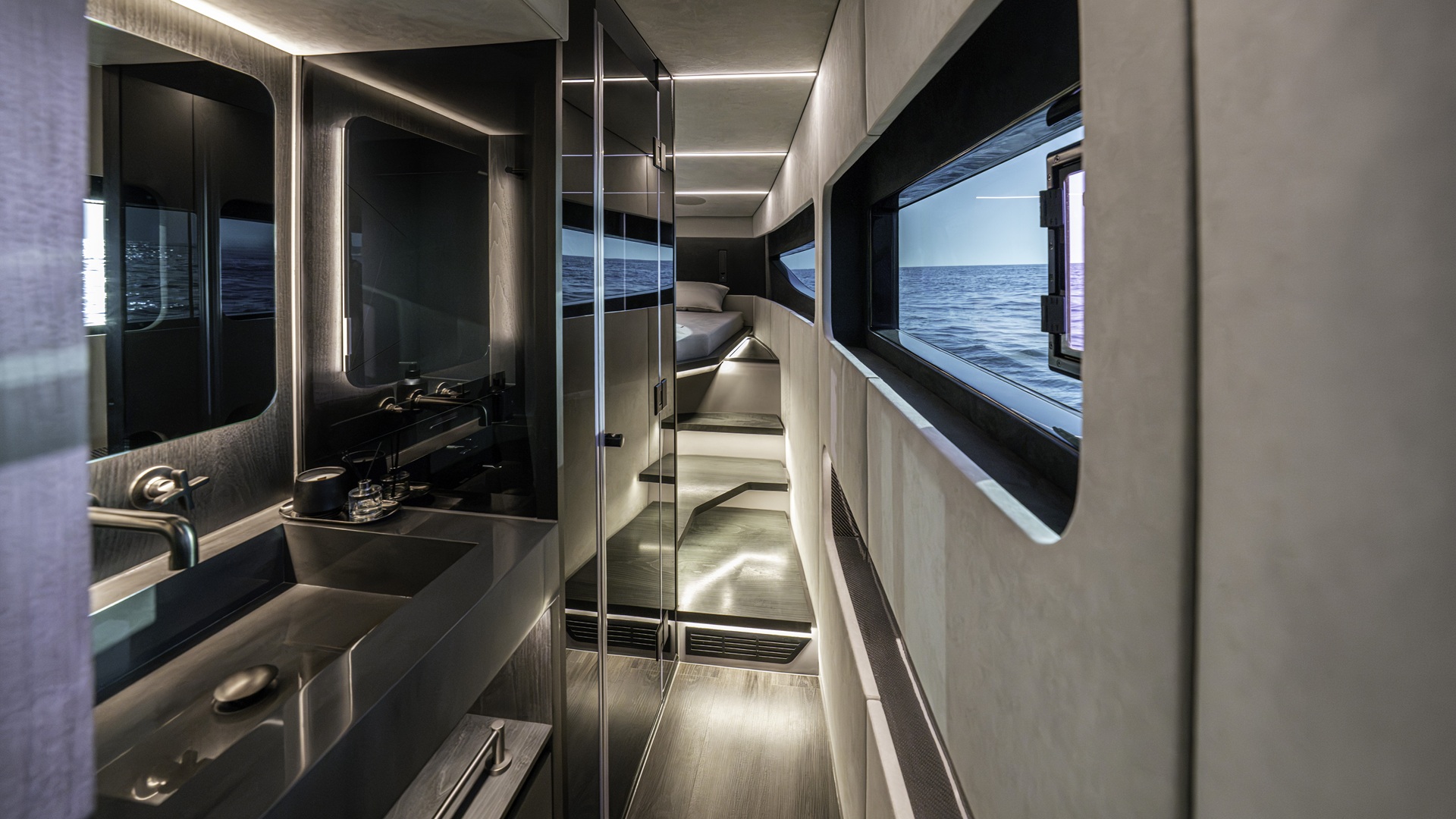An image of the freshening up area inside the BRABUS Ultima 55