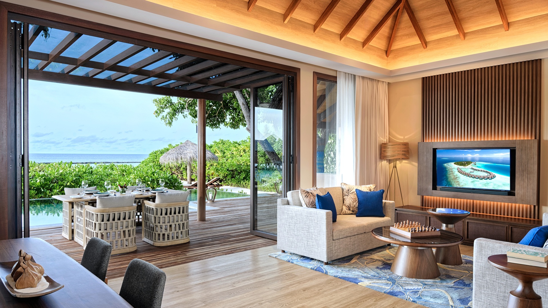 The living area inside the Baros Retreat villas, part of Baros Maldives Villas