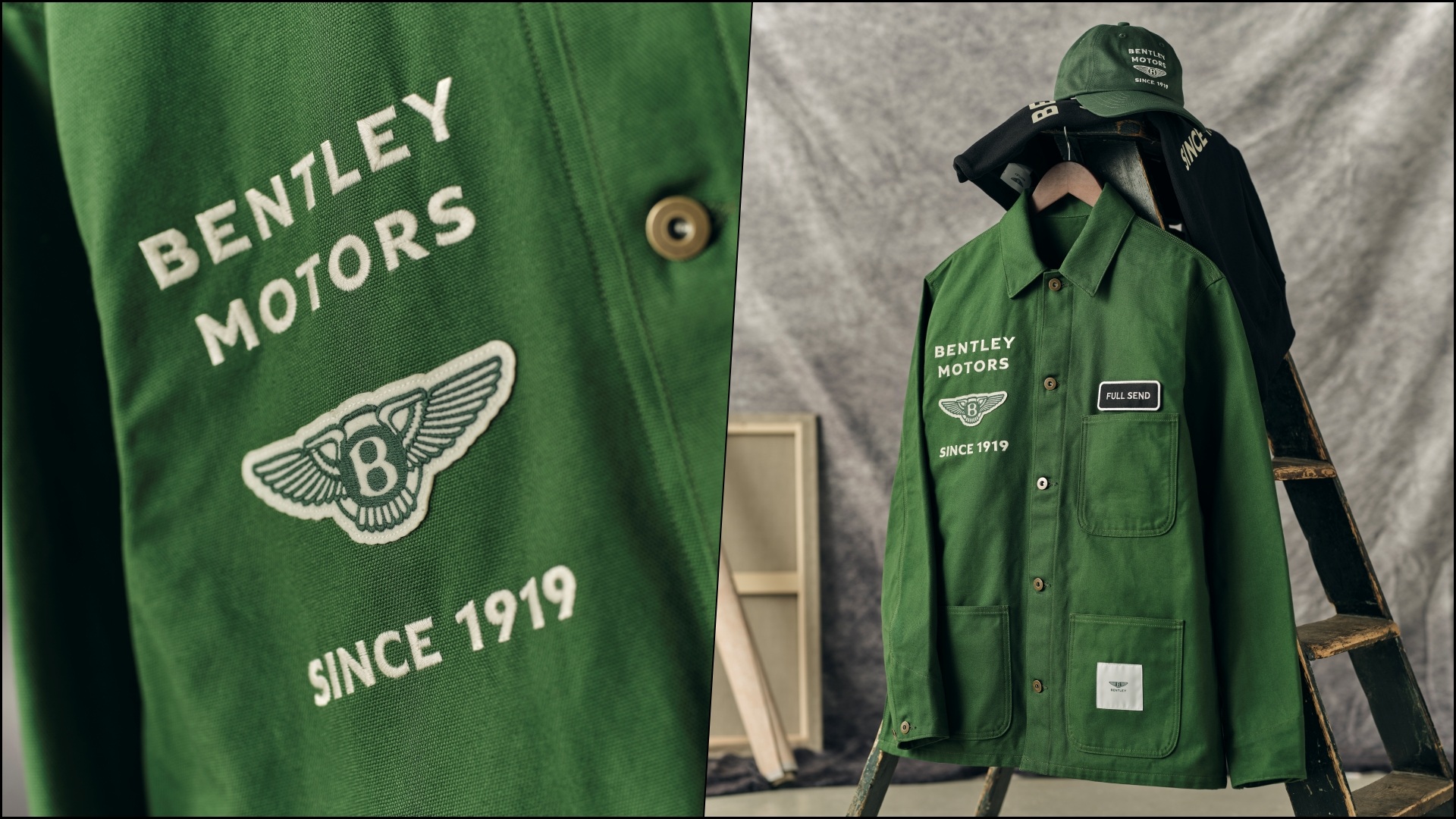 A collage of two images, featuring a close-up and full capture of the chore coat along with the cap, all part of the Bentley 1919 Collection