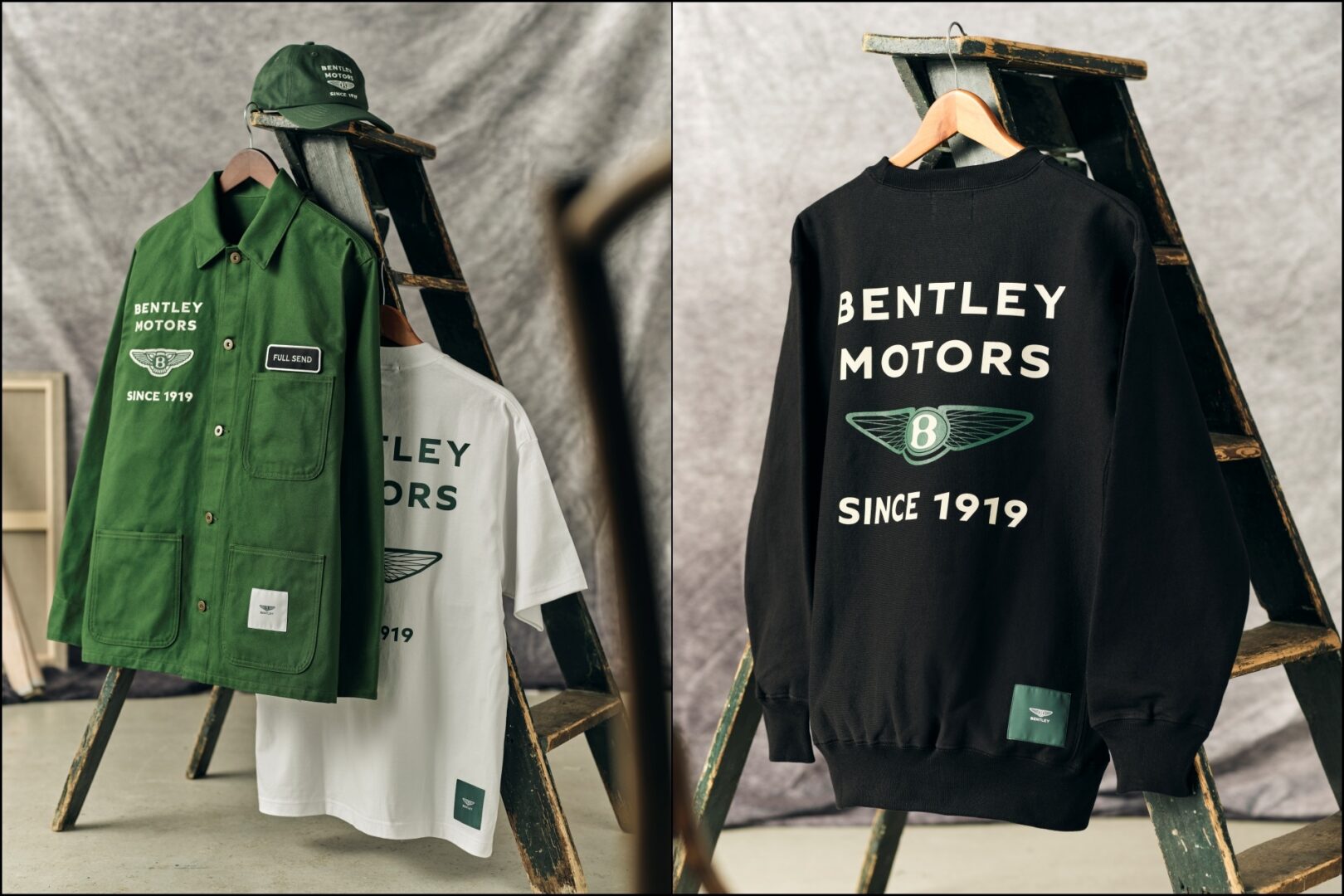 A collage of two images, showcasing an American-Style T-Shirt, a classic six-panel cotton cap, and crew-neck sweater, part of the Bentley 1919 Collection